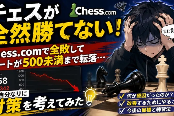 チェスが全然勝てない！Chess.comで全敗してレートが500未満まで転落。自分なりに対策を考えてみた！